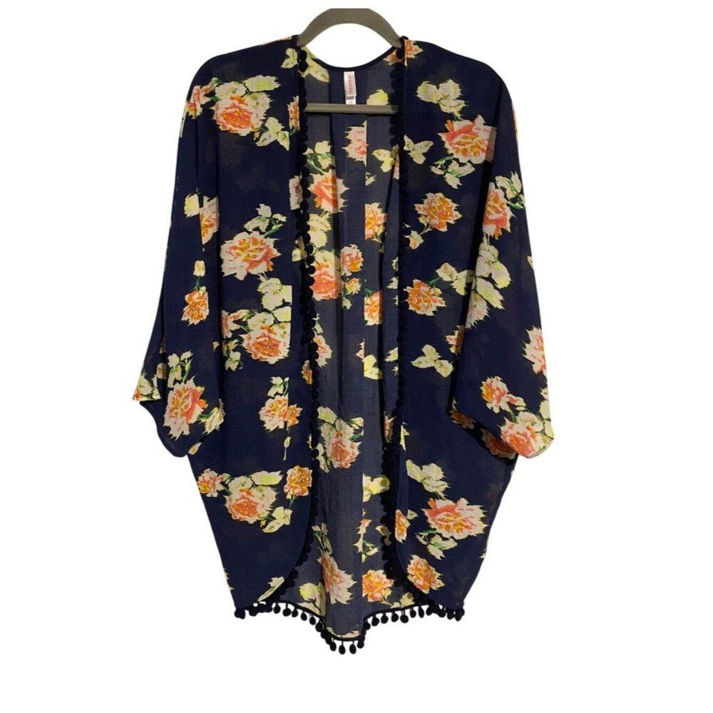 Xhilaration Women's S Navy Floral Kimono Pom Trim Open Front Cardigan Boho Artsy